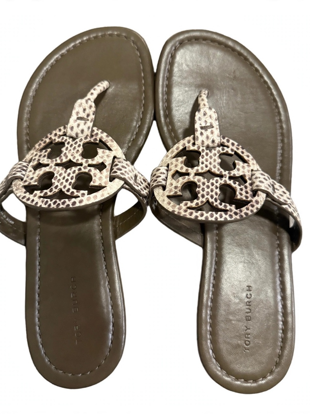 Tory Burch Miller Thong Sandals Snakeskin Olive Green Size 7